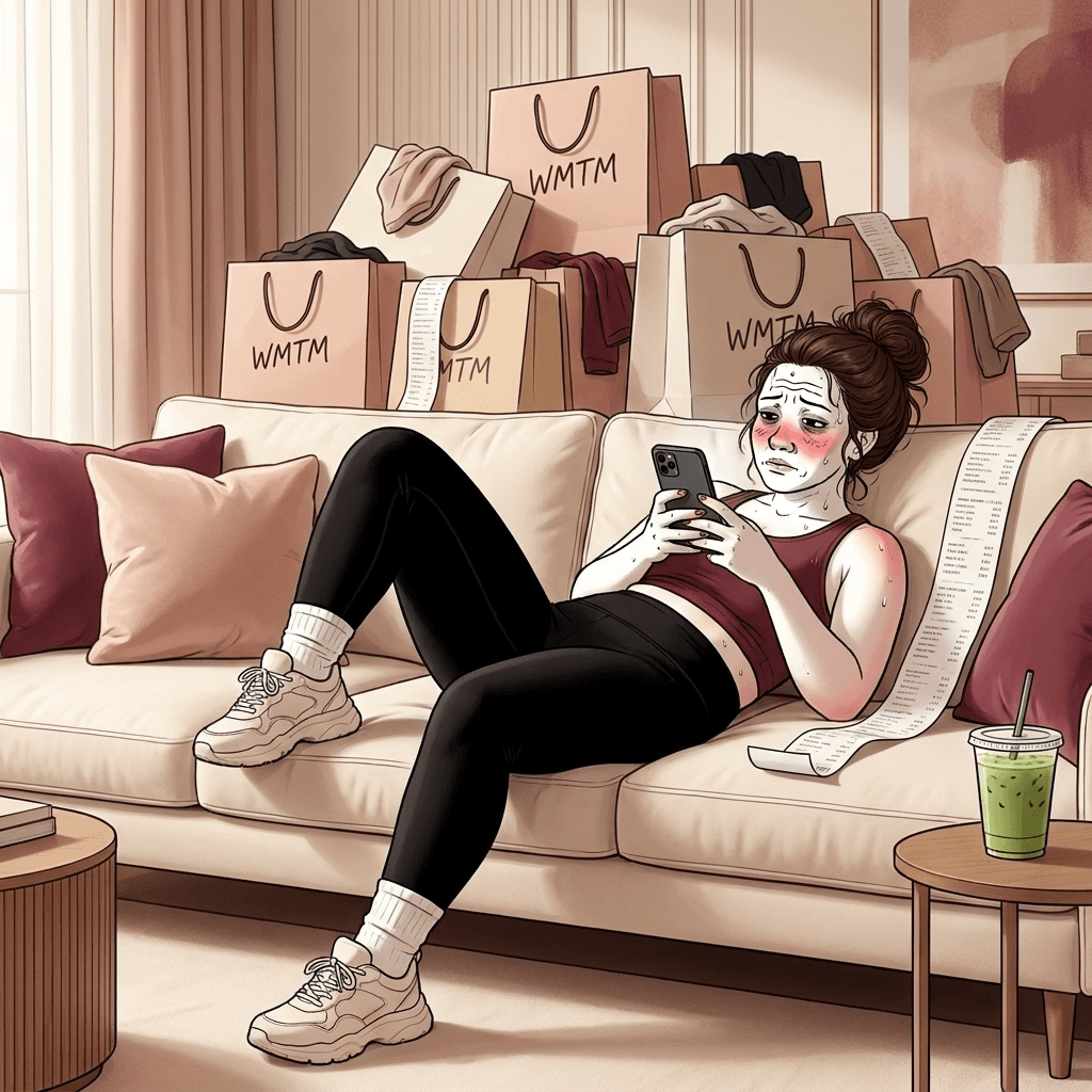 WMTM shopper checking sale pages at home among bags and receipts