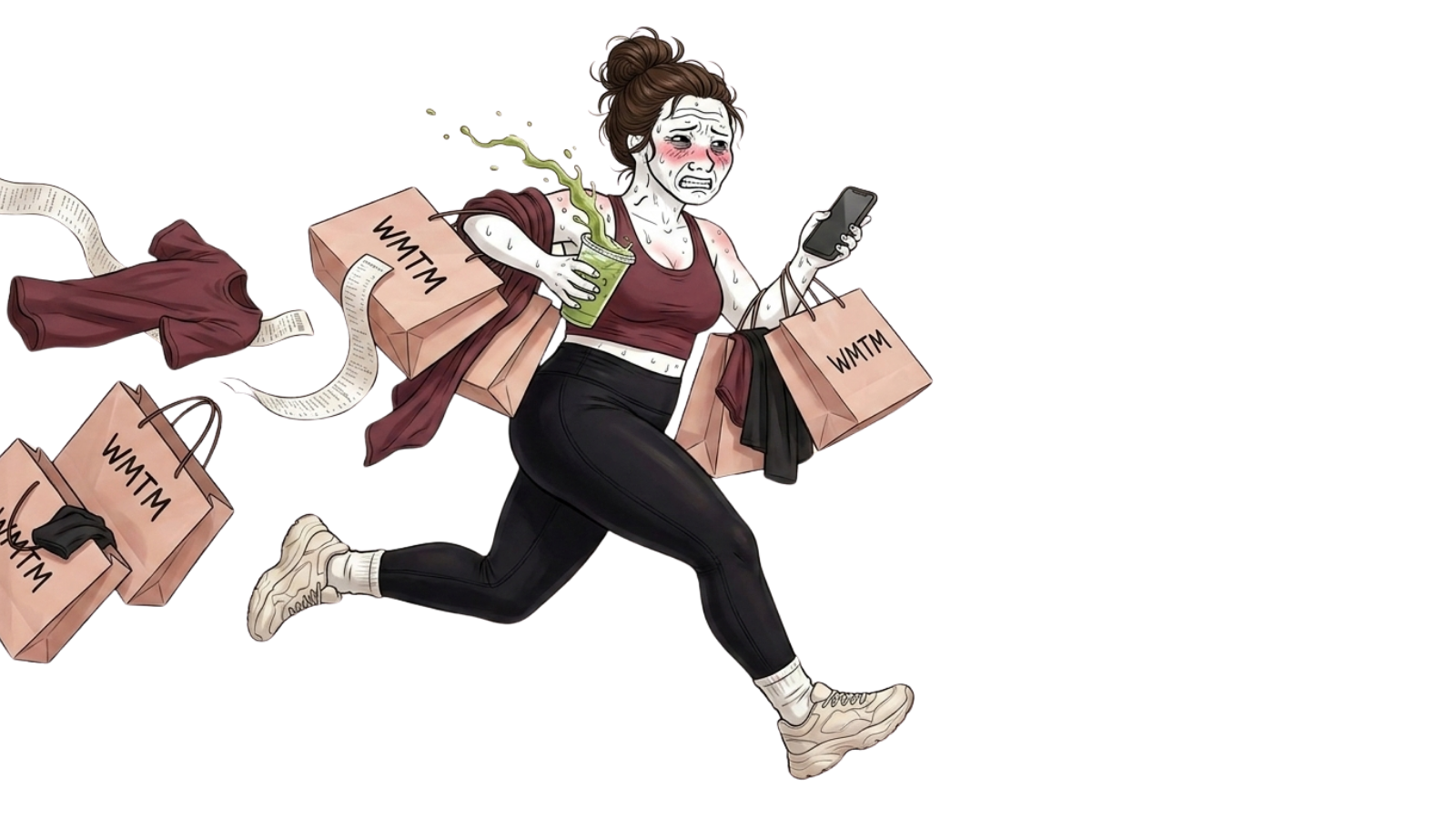 WMTM shopper sprinting to a Thursday sale with bags and a spilling matcha
