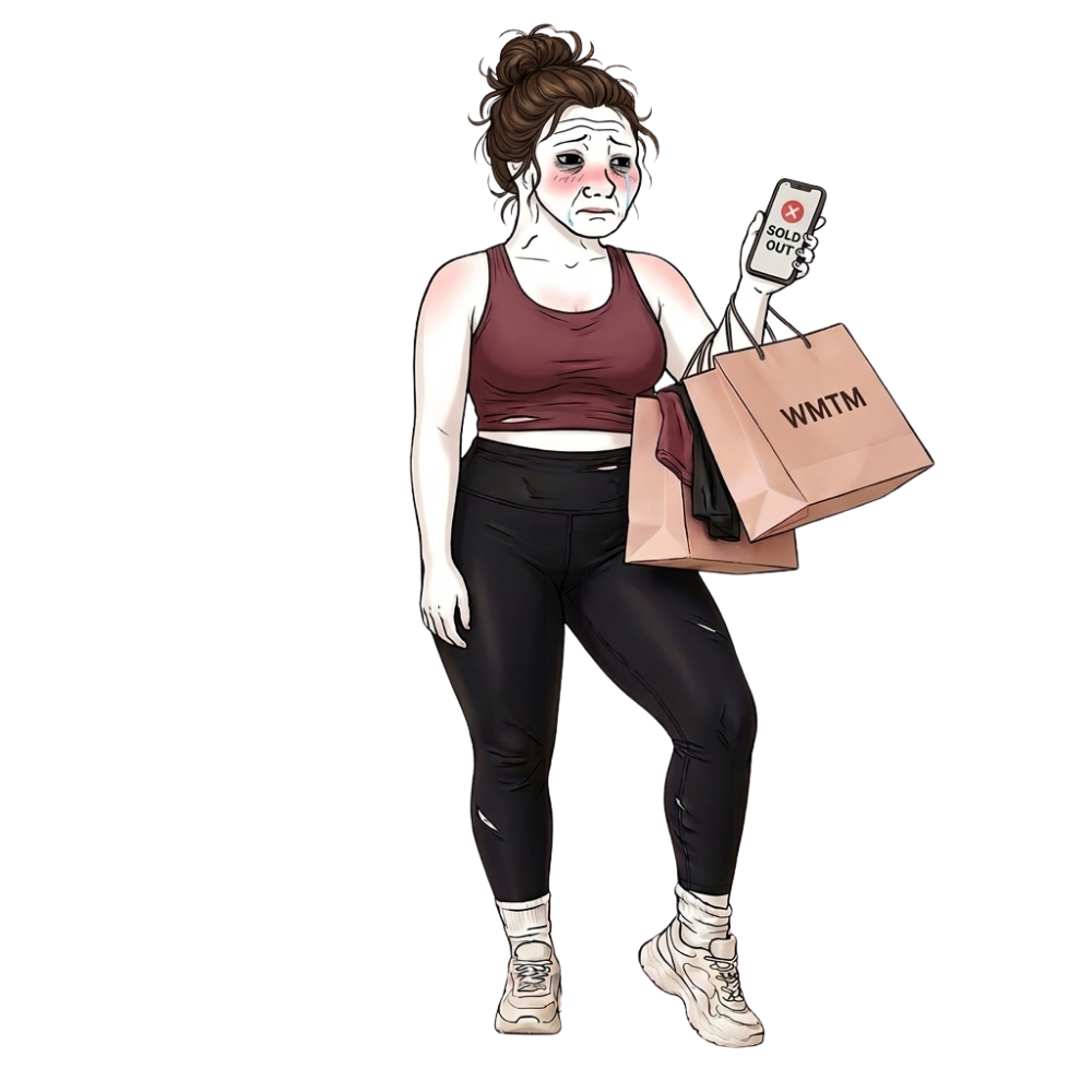 Tired WMTM shopper carrying bags after items sold out