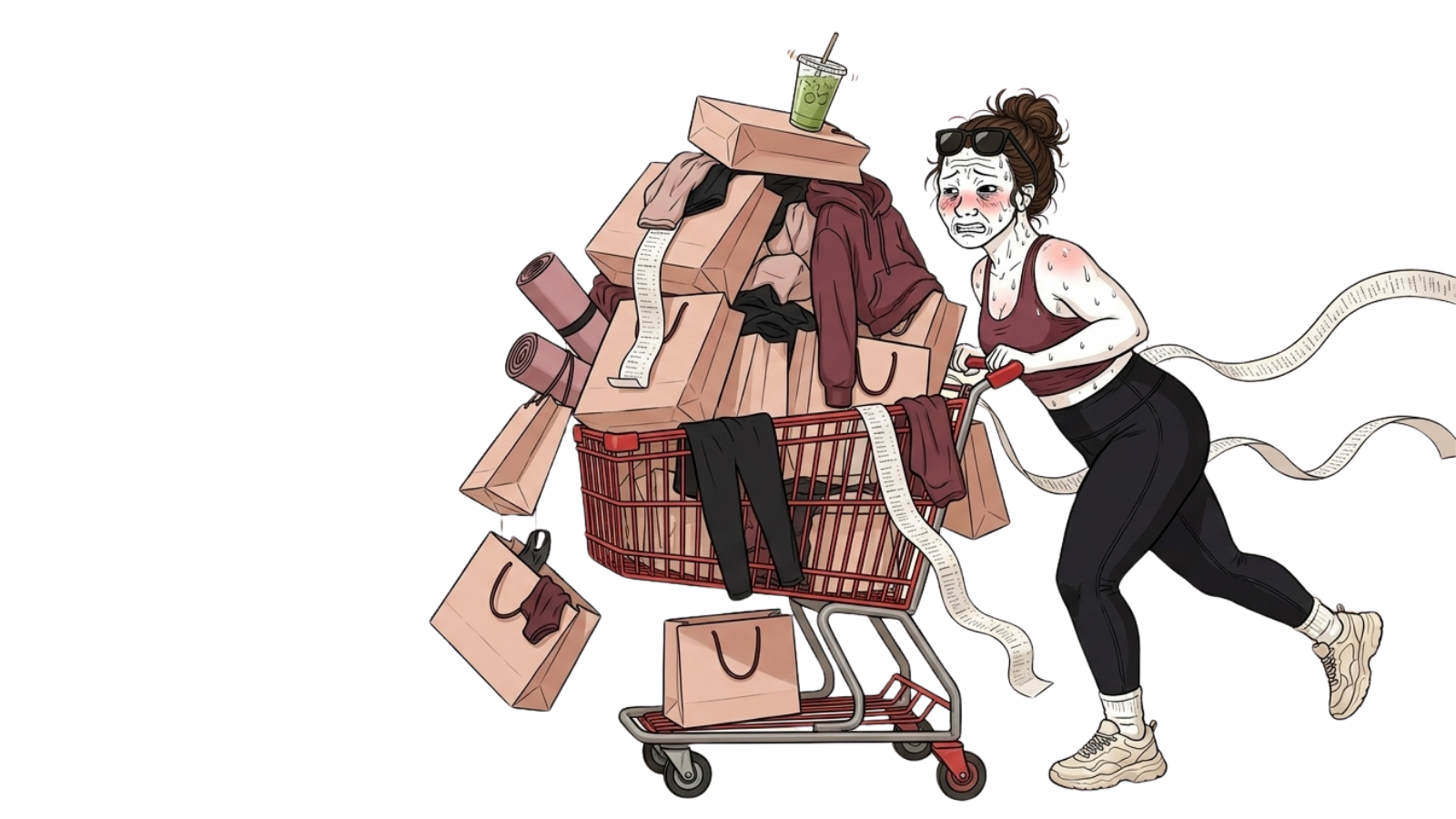 Overloaded WMTM shopping cart being pushed by an exhausted shopper