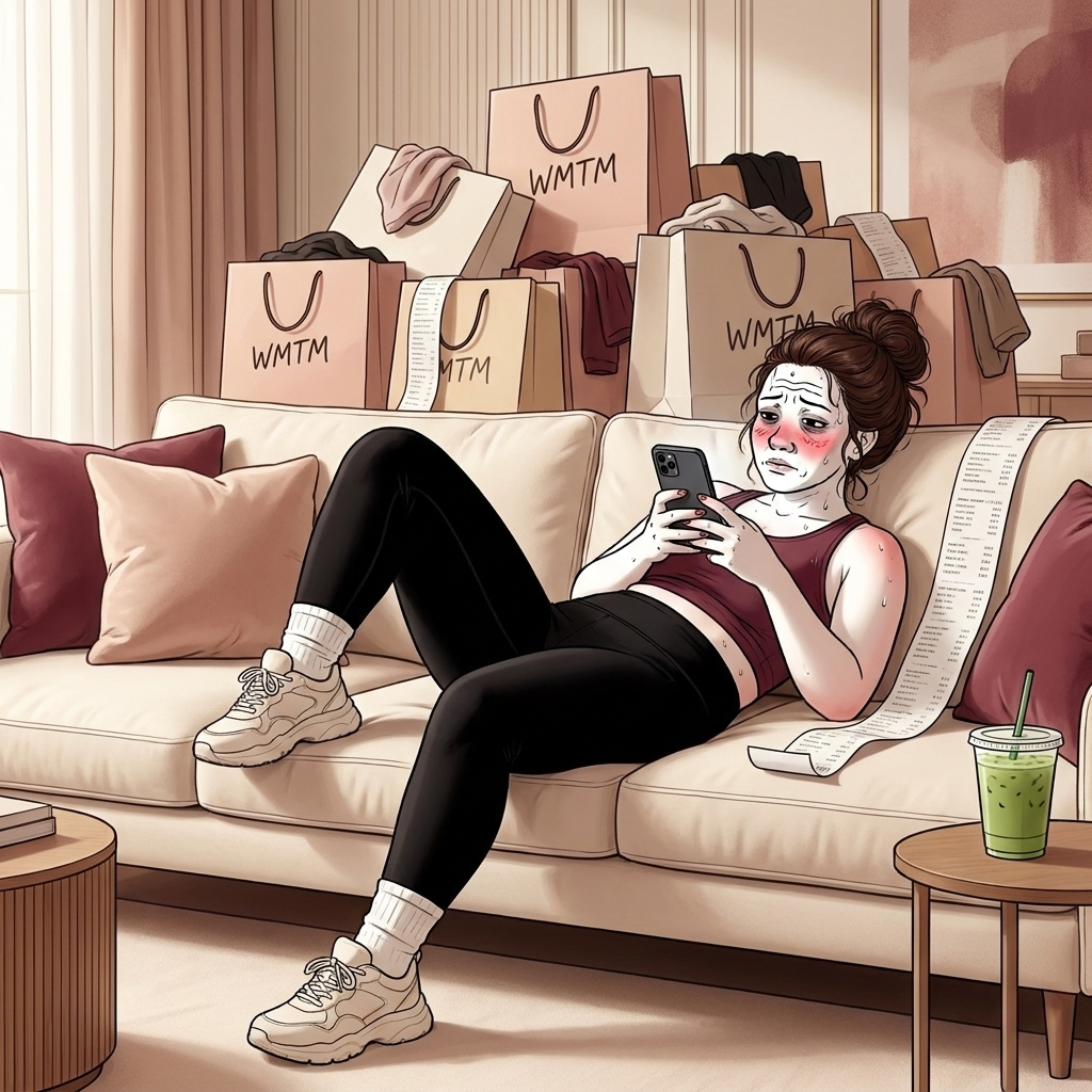 WMTM shopper checking sale pages at home among bags and receipts